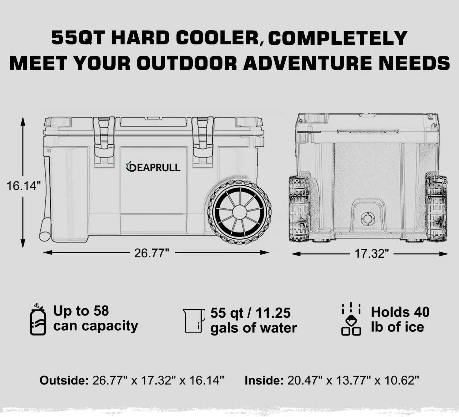 55 Quart Cooler with Wheels, Ice Chests Portable Camping Cooler Holds Ice up to 6 Days, Leak-Proof Outdoor Insulated Cooler with