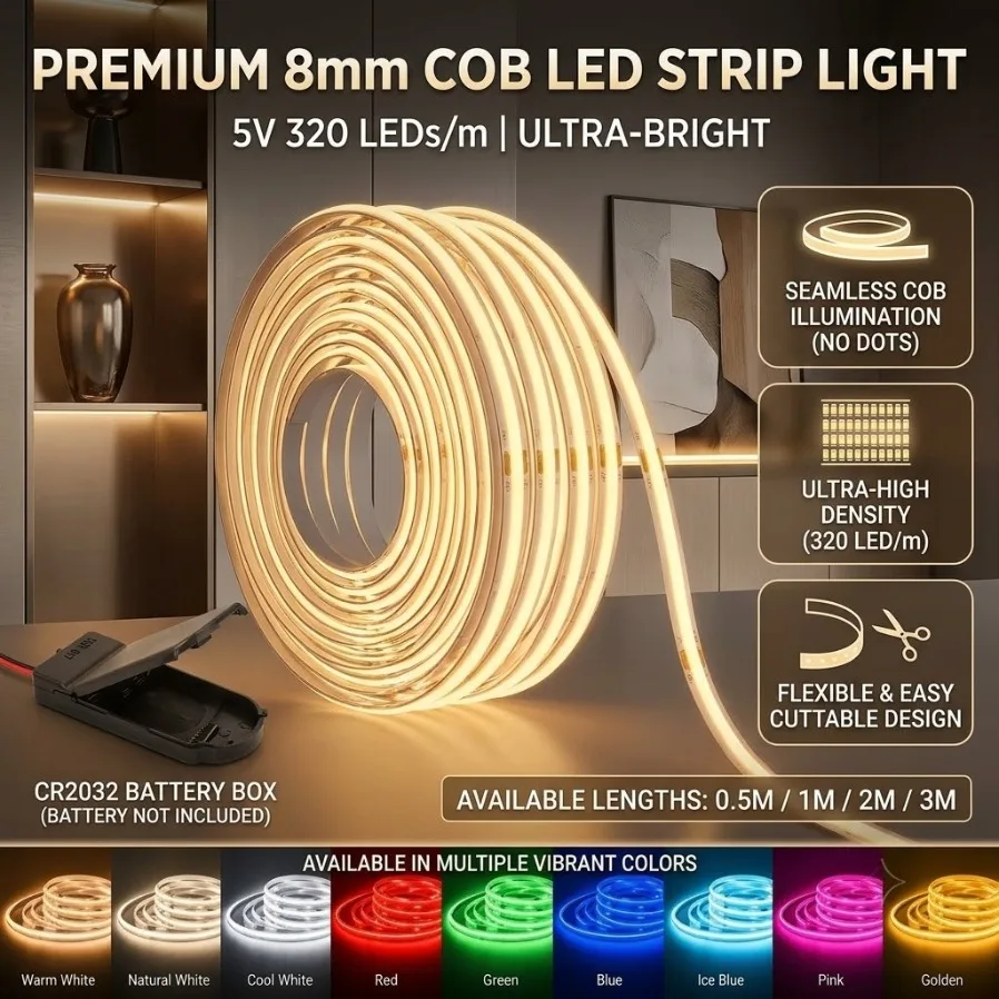 8mm PCB 320LEDs/M COB LED Strip 5V Red Green Blue Flexible Tape With Button Battery Case Bedroom Party Closet Decor 0.5/1/2/3M