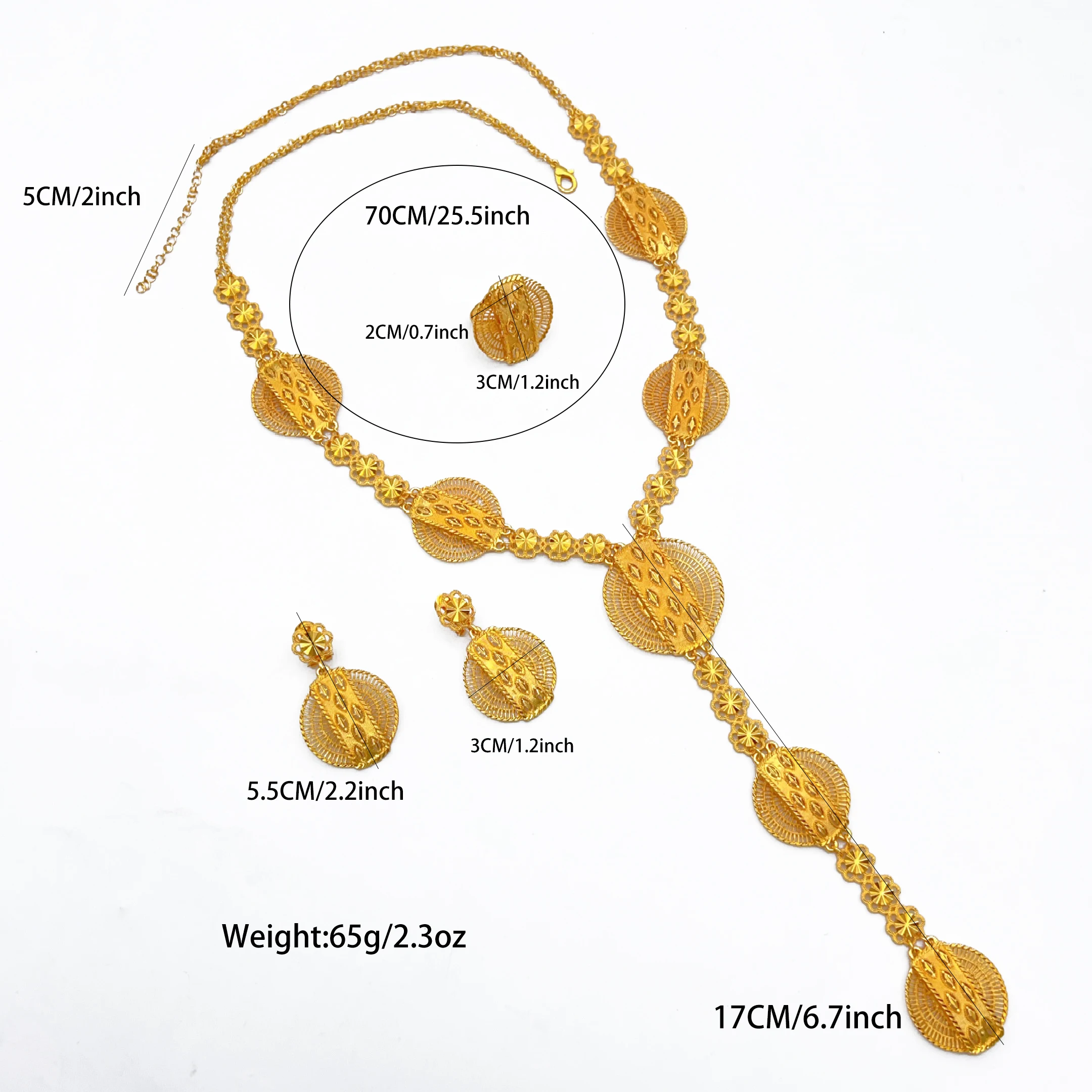 Afrikanisches langes Halsketten- und Ohrring-Set für Damen, Dubai, 24 Karat vergoldet, Nigeria, indischer Brautschmuck, Hochzeitsgeschenk, Schmuck – Detail 6