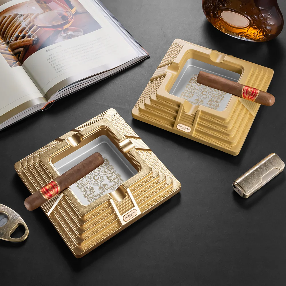 Pyramid Stepped Metal Cigar Ashtray,4Slot Square Engraved Ashtray with Anti-Slip Base,Heavy Duty Smoking Accessory Home Office