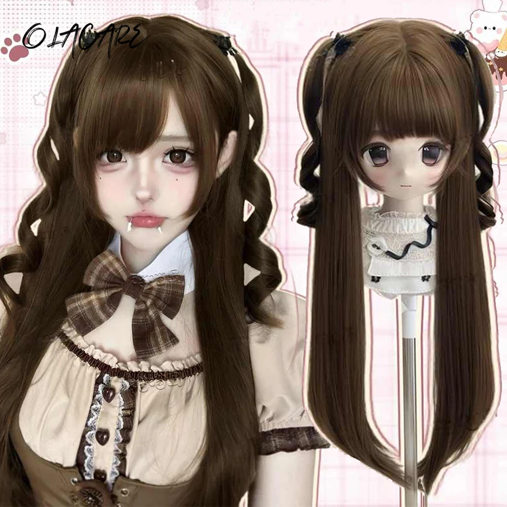 

OLACARE Women Synthetic Brown Black Hair Long Curly Cosplay Wig Halloween Wigs for Party With 2 Ponytails