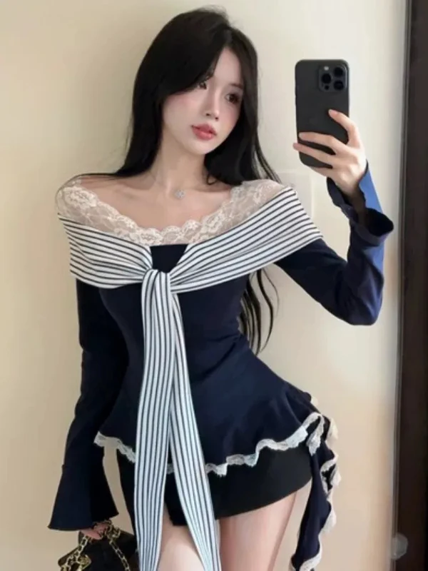 Korean Sle Lace Splice Tie One oulder Long Sve T-irt Women's Slimming Top for Autumn Winter Faion Commute Sle