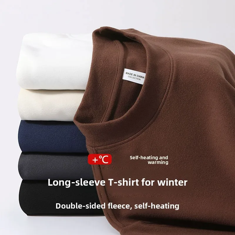 

Thiened Velvet Warm round Ne Long Sve T-irt Men's Casual Double-sided Velvet Base Layer Top for Autumn Winter