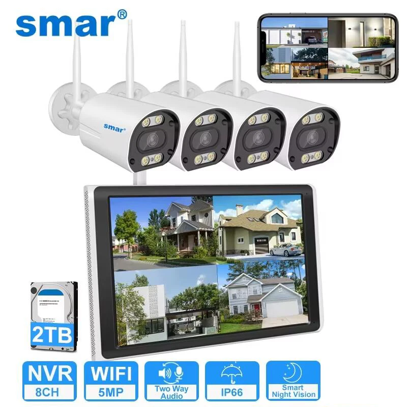 Zestaw kamer WiFi Smar 5MP/3MP z detekcją ludzkiego ciała, kolorowym trybem widzenia, zestaw kamer IP, 8-kanałowy NVR, 10.1-calowy LCD, bezprzewodowy system monitoringu CCTV.