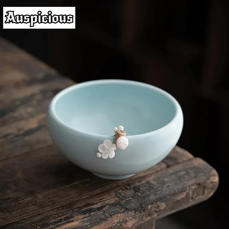390ml Azure Ru Kiln Porcelain Tea Wash Bowl Hand Pinch Flower Ceramic Tea Residue Bucket Japanee Tea Dust Cylinder Barrel Gifts