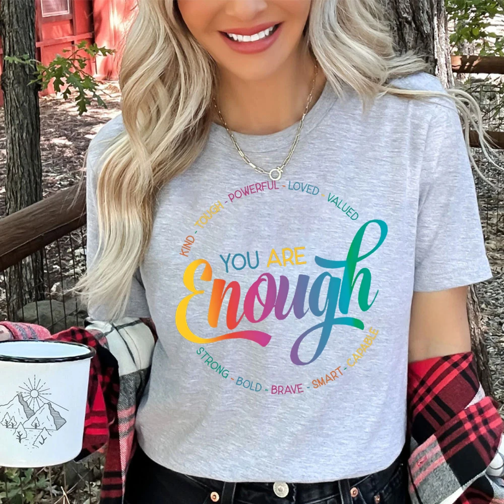 You Are Enough Lesbian Pride Rainbow Tshirts LGBTQ Support Equality Month Gifts Print Women's T-Shirt Pride Parade Short Sleeve