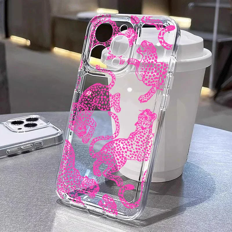 Black And Pink Leopard Print For Realme10 9 C30 53 63 Narzo50 Find X5 Reno 12 11 10 8 7 6 Pro Plus Transparent Space Phone Case