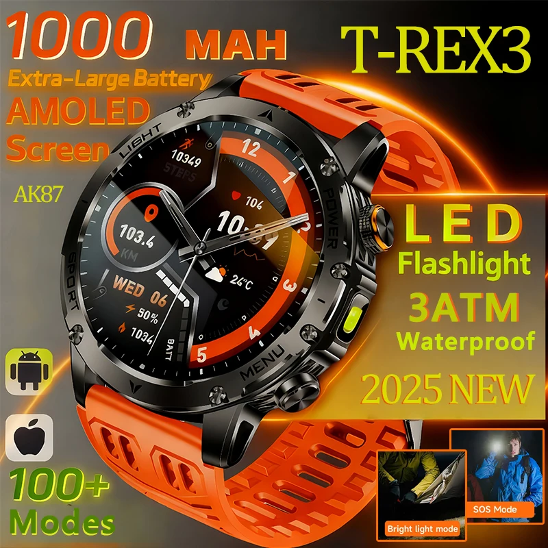 

2025 T-Rex 3 Outdoor New 1000mAh Battery Military Grade Smart Watch Men IP69K Waterproof GPS HD Bluetooth Call 100+Sports Watch