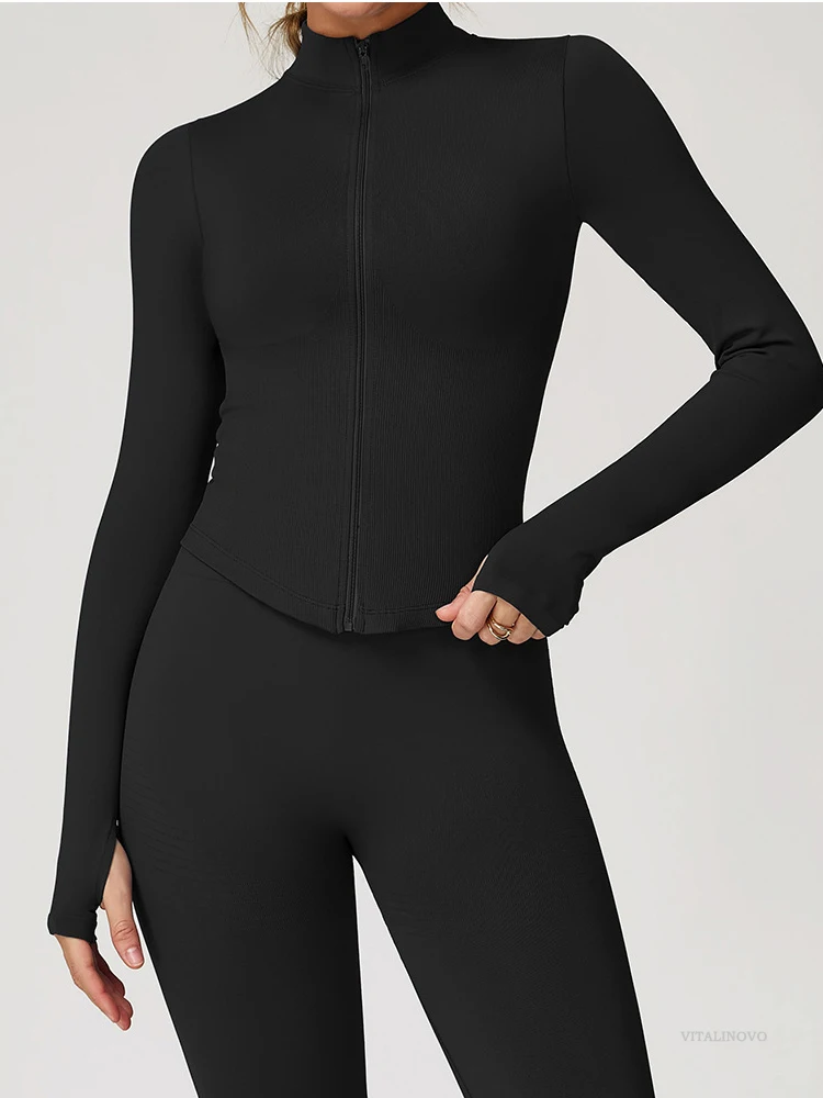 VITALINOVO Damen Cropped Running Workout Jacken mit Reißverschluss, schmal geschnittene Sportjacken mit Daumenlöchern, nahtlose, dehnbare Trainingsjacken – Detail 2