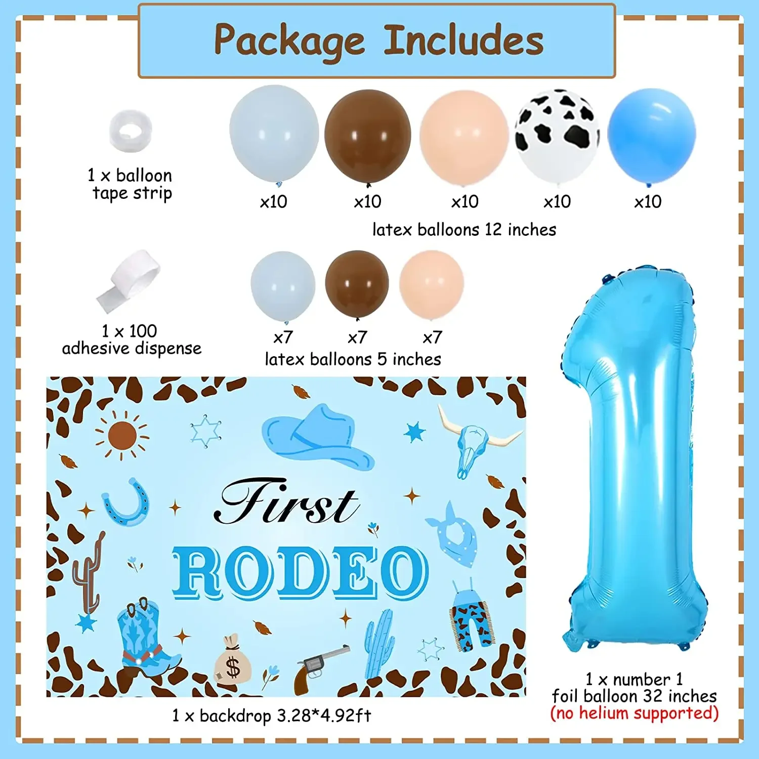 First Rodeo Birthday Party Decor for Boys, Blue Western Cowboy, 1st Birthday Balloon, Arch Kit with Backdrop, Number 1 Balloon