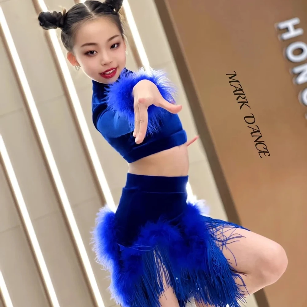 

2026Professional Latin Dance Two-piece Set GirlsBallroom Dance Competition Dress Plush Long Sleeves New Arts Latin Dance Dress