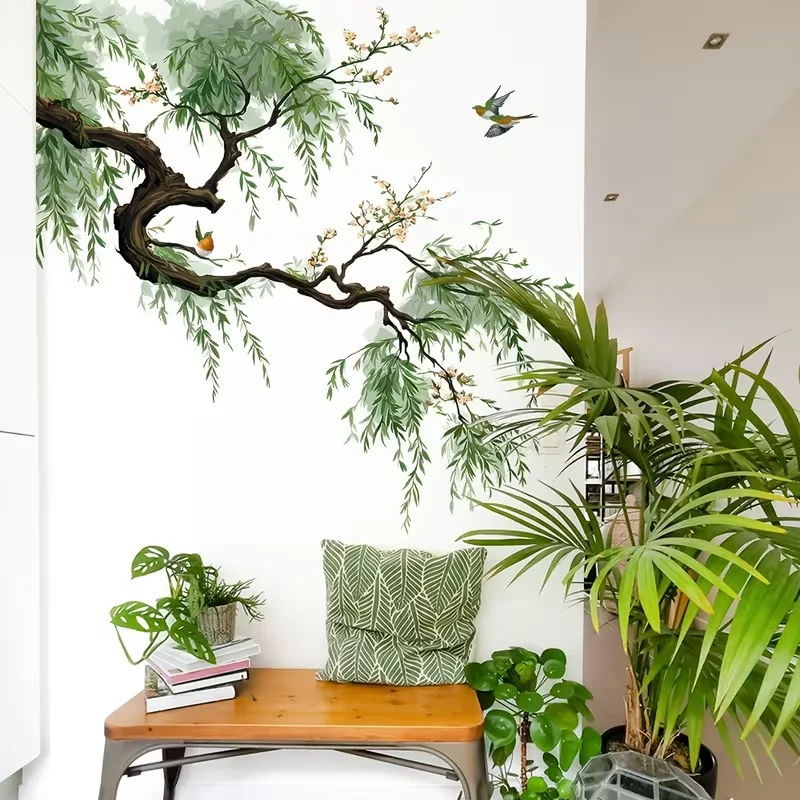 1PC Willow Tree Wall Sticker, Minimalist Chinese Style Branch Bird Decal, Removable Self Adhesive Zen Home Decor for Entryway