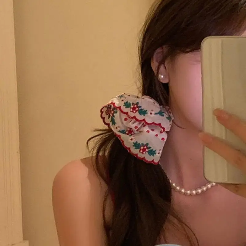 

A52E Oversized Embroidered Scrunchies Hair Ties Gentle Elastic Hairbands For Women Stylish Ponytail Holder Daily Use