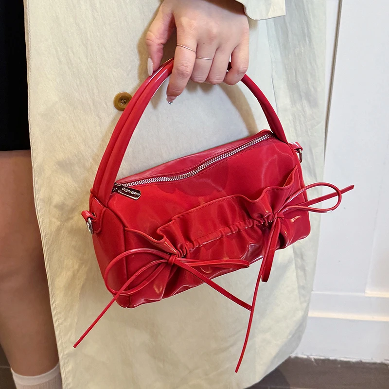 Schicke Umhängetasche mit Schleife und plissiertem Kordelzug, zylindrische Handtasche, Damen-Kissentasche mit abnehmbarem Riemen, Reißverschluss oben – Detail 19