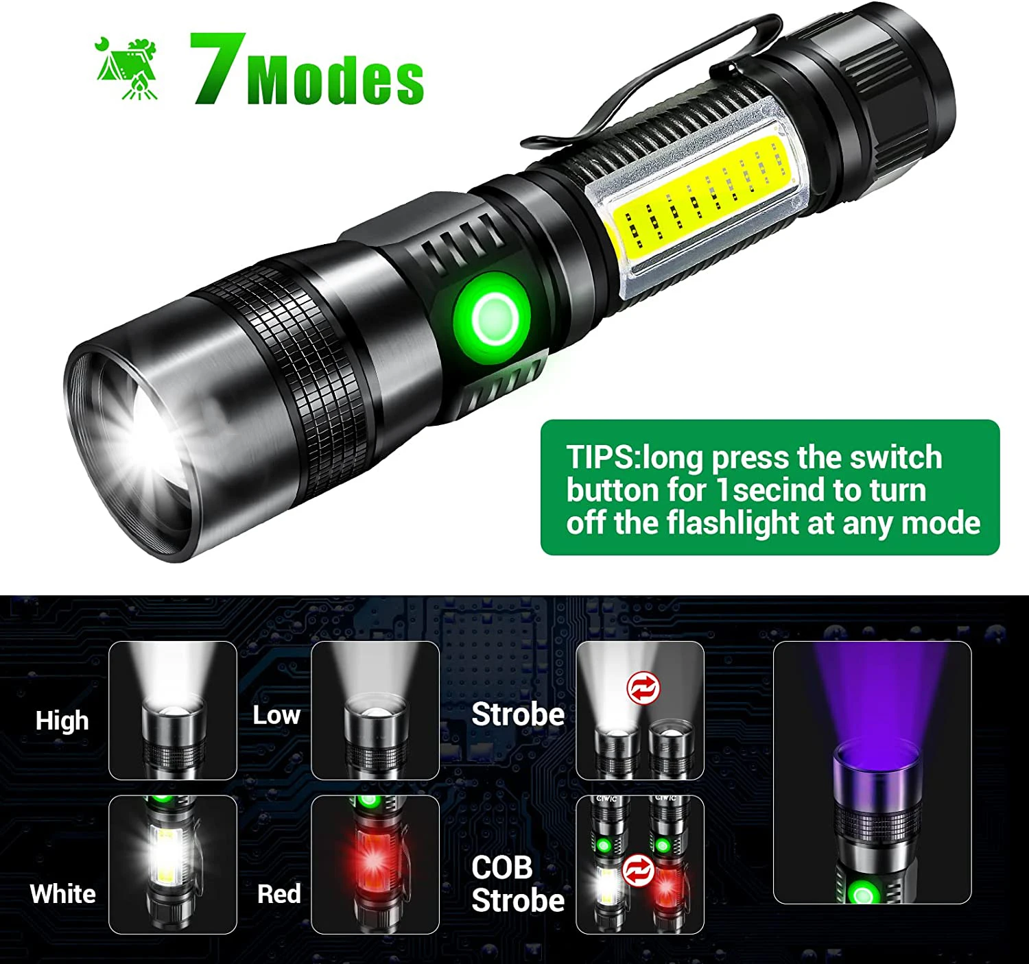 3in1 LED Flashlight UV Flashlight with 1200Lumen LED Light,Magnetic LED Torch with COB Sidelight,Zoomable,Waterproof for Camping