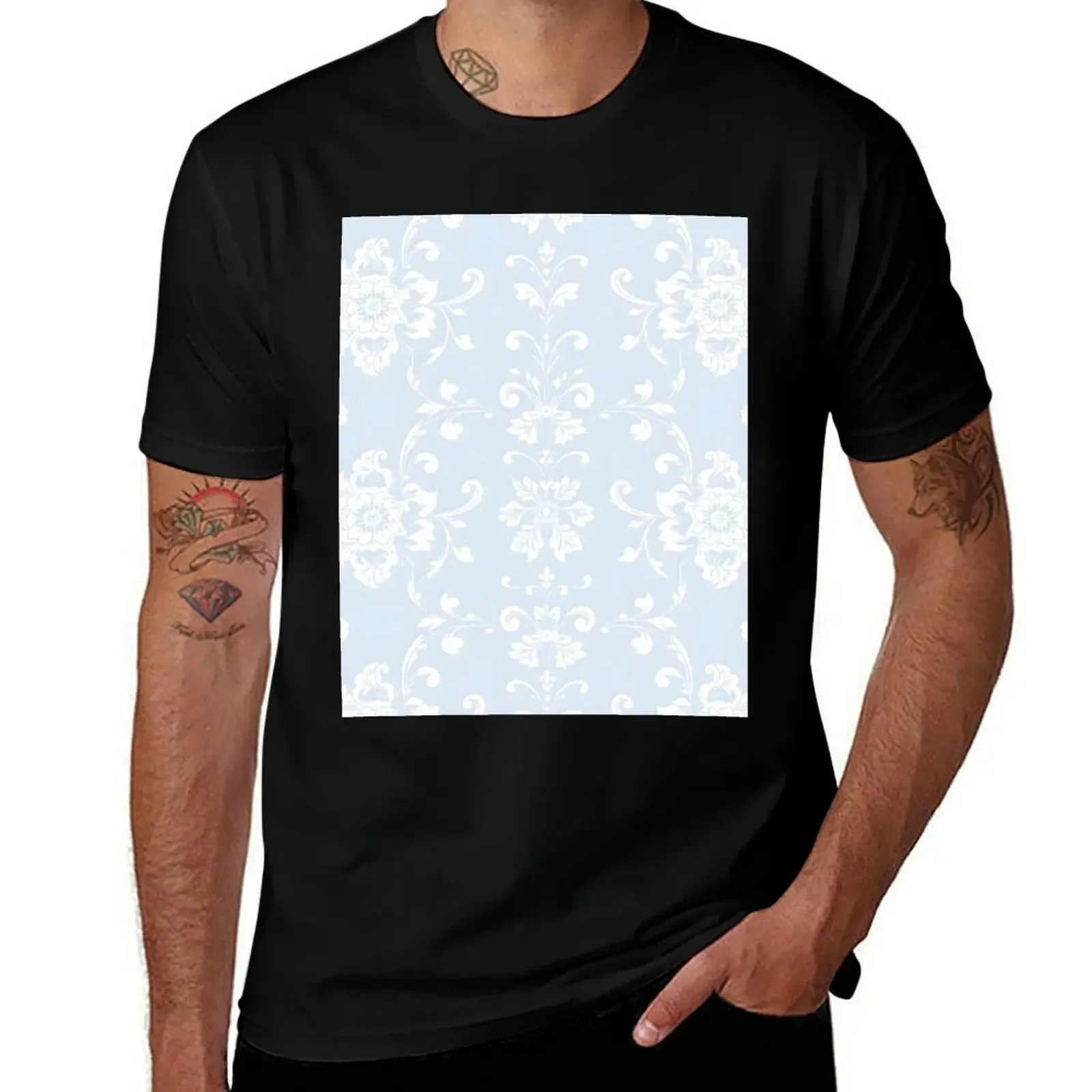 

Elegant Victorian Baroque floral scroll on pastel blue, seamless pattern. T-Shirt tees mens designer clothes