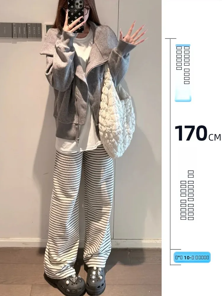 

Утепленные вязаные повседневные брюки для женщин, осенне-зимние прямые брюки с широкими штанинами, в полоску, удобные, свободного кроя