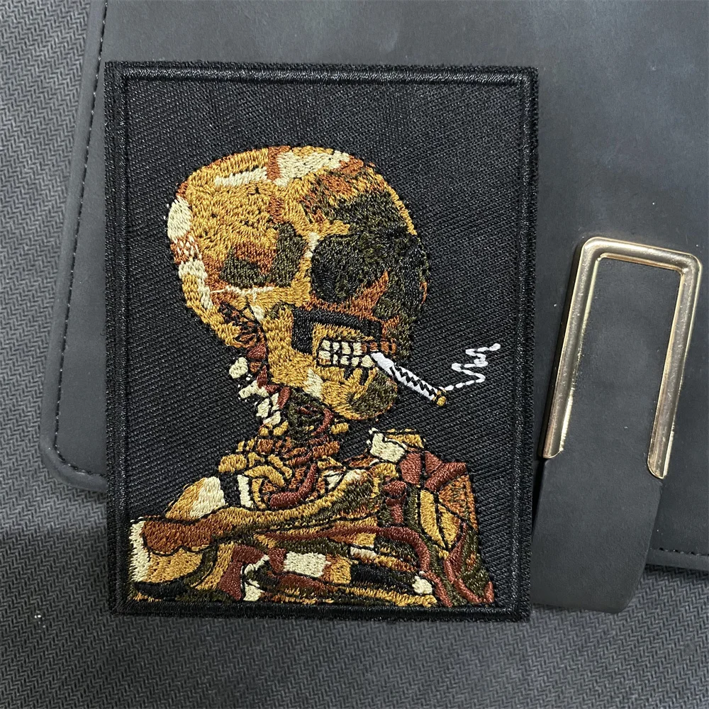 Van Gogh Skull Embroidered Patch Hook Artistic Morale Military Emblem Skeleton with Burning Cigarette Backpack Tactical Stickers