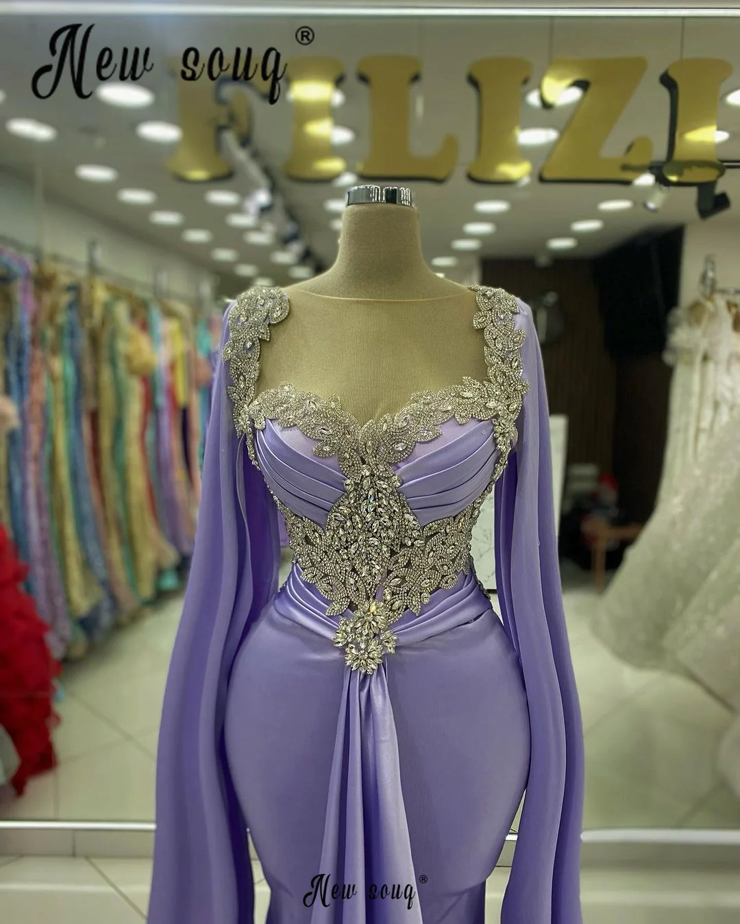 Arabic Elegant Lilac Long Cape Sleeve Plus Size Evening Dress Women's Wedding Dinner Party Gowns Customized Satin Prom Dresses