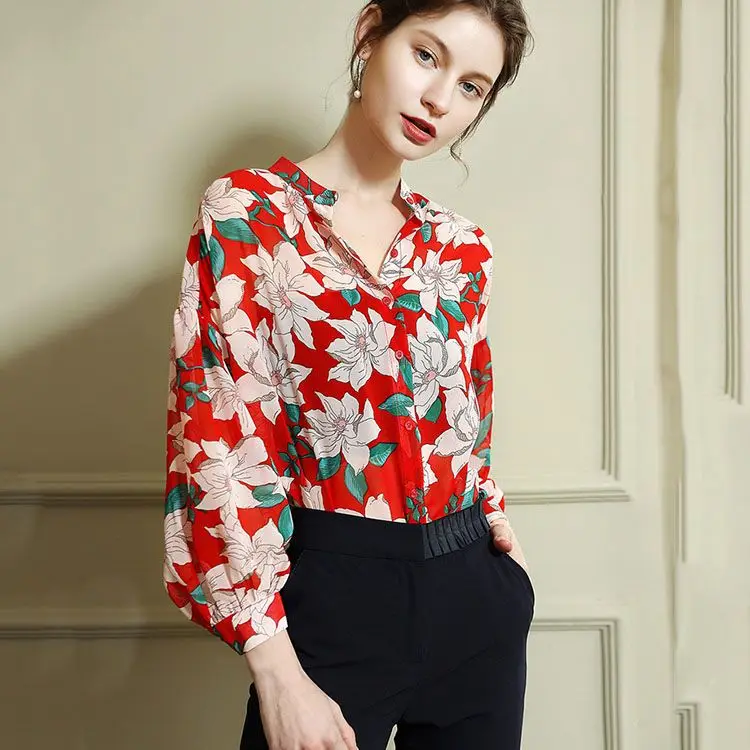 

Red Printing Long-sleeved Collar Shirt Women's Spring And Summer New Vintage Shirt Loose Chiffon Top