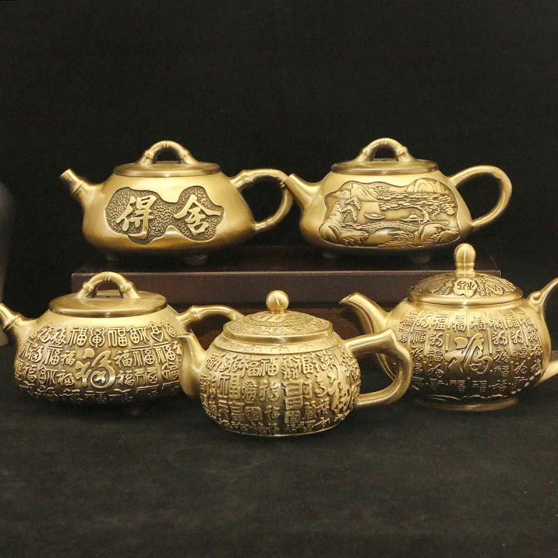 

Brass Dragon and Phoenix Copper Kettle Ornament Creative Chinese Style Hundred Blessings Teapot Home Desktop Decoration C