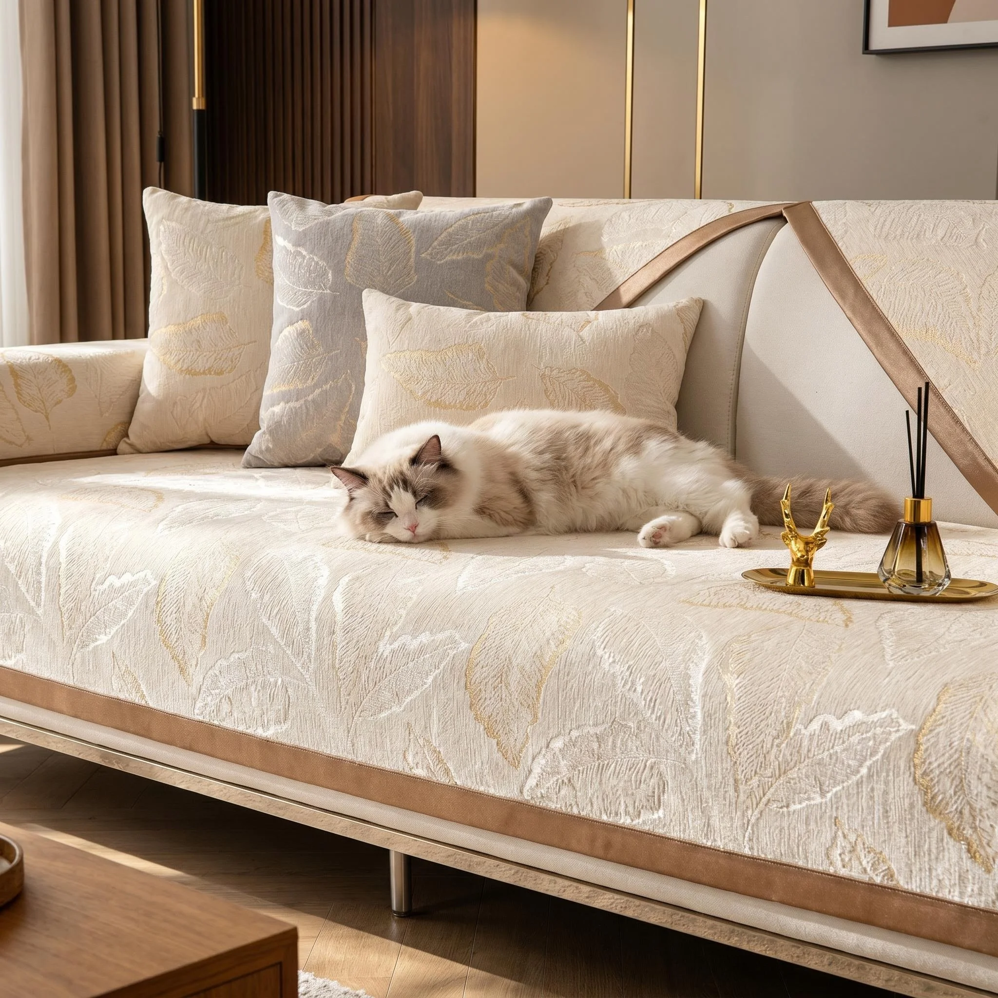 Light Luxury Leaves Jacquard Chenille Anti-Slip Sofa Cover, for All Seasons Living Room