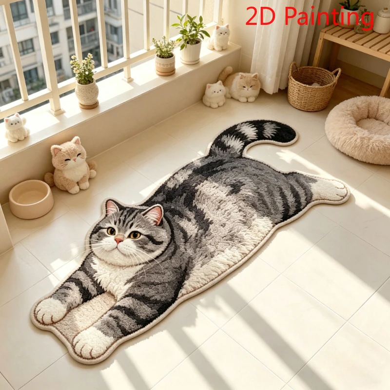 VIKAMA Heart Shape Gray Cat Area Rug Non Slip Floor Mat for Living Room Bedroom Cute Cat Lover Home Decor Washable Carpet