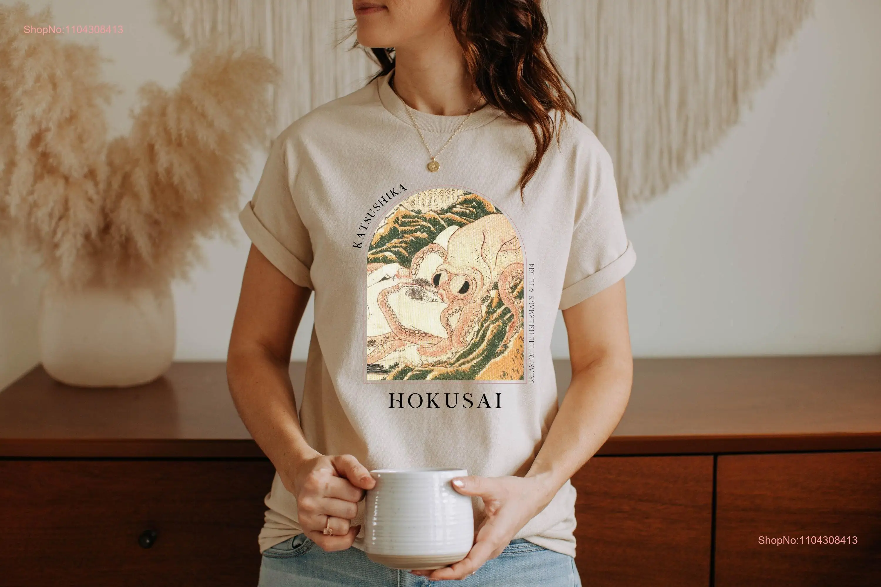 Hokusai Dream Fishermans esposa camiseta japonesa Ukiyo e Woodblock arte Japón Kanji caligrafía gran ola Kanagawa Shunga HKS 4 2