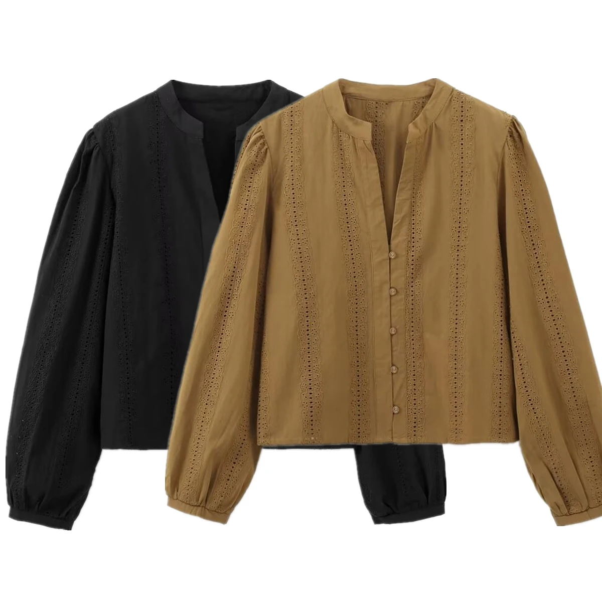 Dave & Di Frans Minimalistisch Shirt Met Effen Kleur Borduurwerk V-Hals Blouse Met Lange Mouwen Vrouwen 2024 Herfst Tops