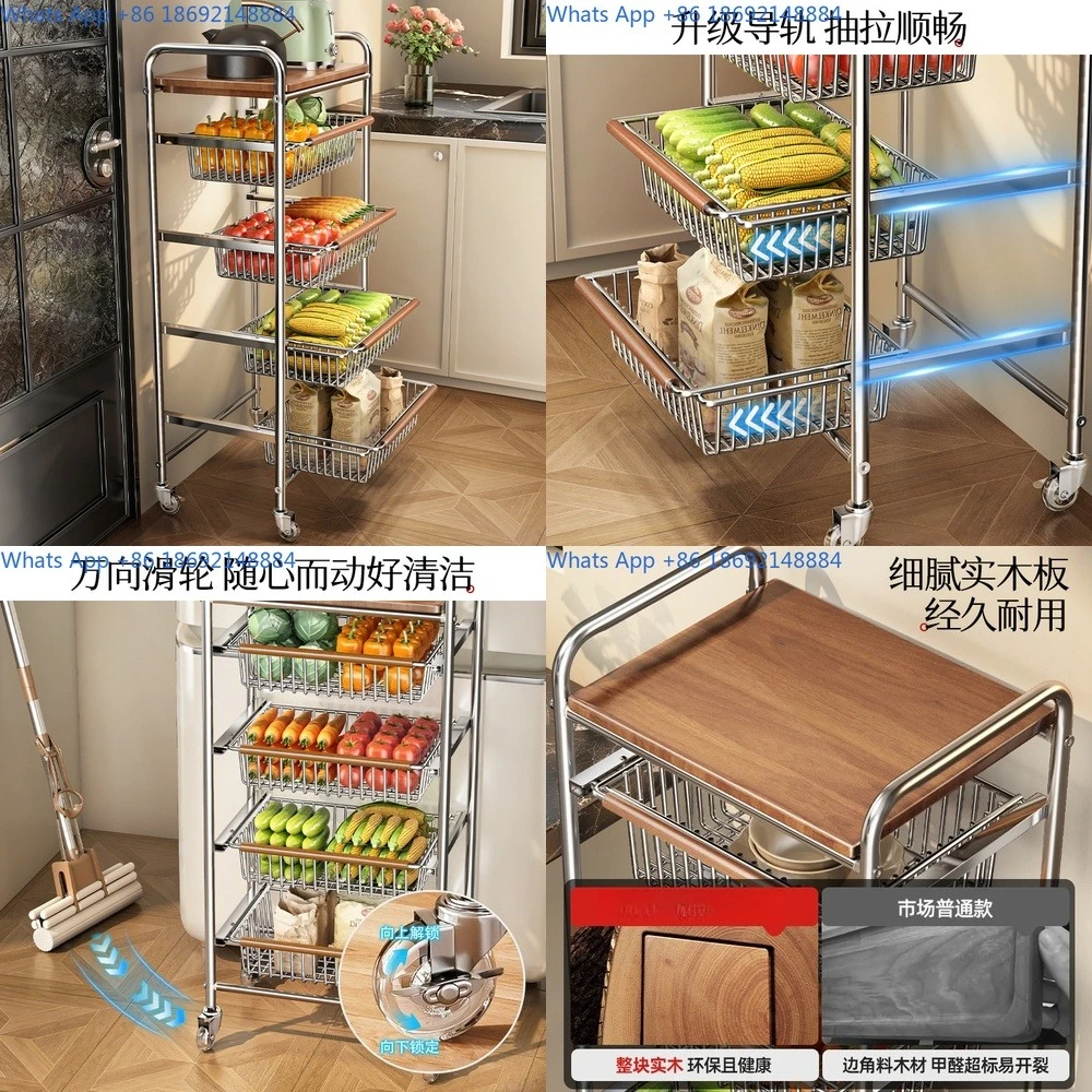 

Vintage Style Kitchen Shelf Floor Storage Rack with Rolling Cart for Fruits Vegetables and Groceries