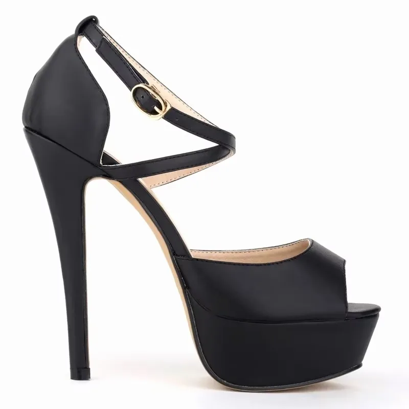 

Women Ankle Strap Sandals Pumps Fashion Platform Peep Toe Matte Leather Stilettos Buckle Bride Shoes Sexy Extremely High Heels