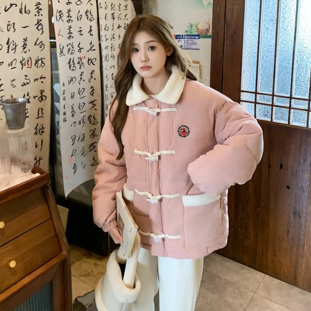 

Women's Cotton-Padded Jacket Korean Style Loose Fit with Horn Buckle Thick Autumn Winter Coat Bread Clothing for Ladies