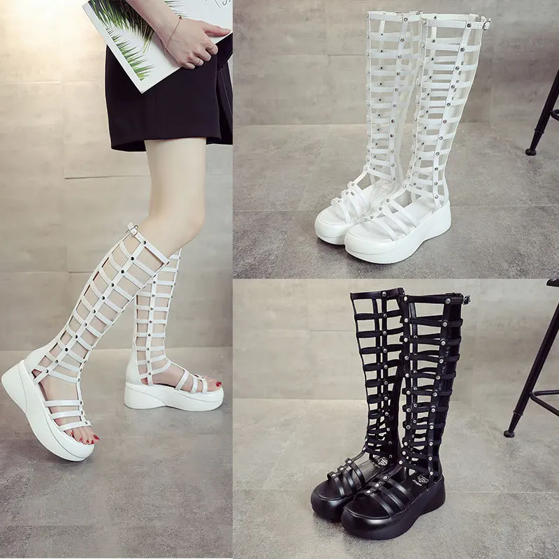 

Belt Buckle/rivet Long Barrel Roman Cool Boots Summer Spring Hollow Out New Personalized Slimming High Heel Zippered Women Shoes