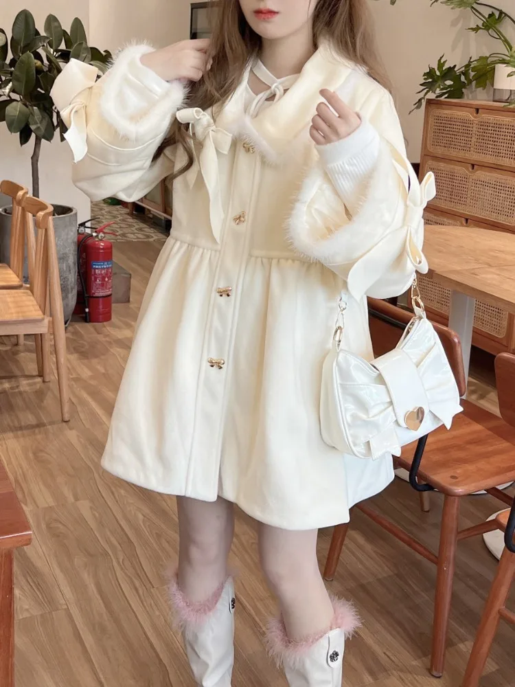 Sweet Girl Students Fur Patchwork Loose Jackets Women Y2k Aesthetic Single Breasted Coats 2024 Harajuku Kawaii Cute Bow Jacket