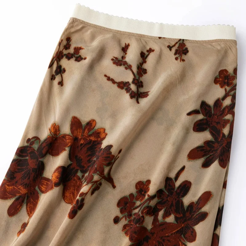Birdtree, 100% Real Silk Print Bias-cut Skirt, Elastic Waist, Women's Double Crepe Fishtail Skirts, 2026 Autumn New D68517JF