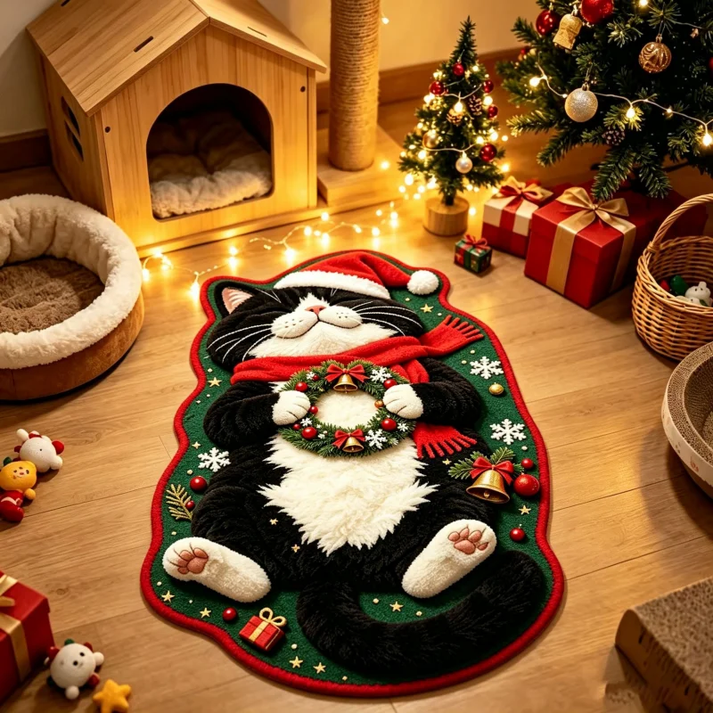 VIKAMA Christmas Ginger Cat Area Rug, Gift Kitten Floor Mat, Absorbent Non Slip Washable Soft Carpet, Happy New Year Home Decor