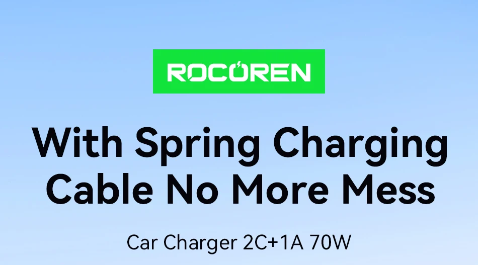 Rocoren 70W USB-Autoladegerät, schnelles Laden, PD 35W USB-C-Autoladegerät mit Federladekabel, Typ-C-Autoladegerät für iPhone Xiaomi – Detail 1
