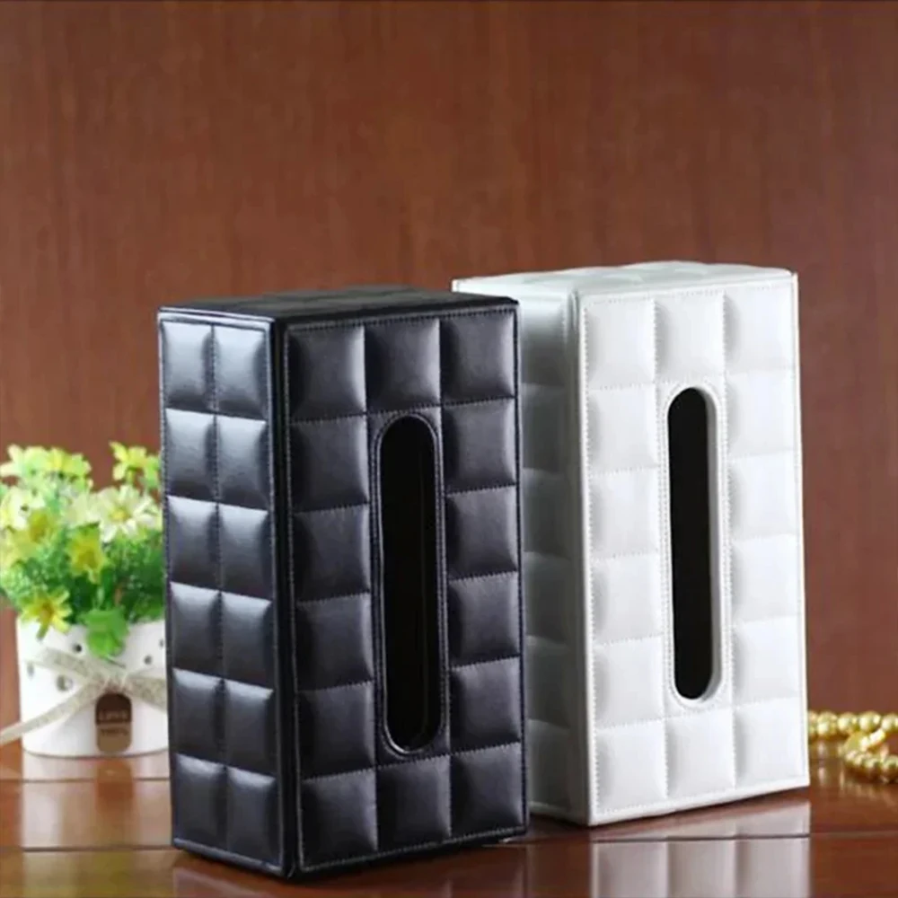 Black Leather Tissue Box Rectangular Paper Holder Car Line Grid Tissue Box Case Living Room Napkin Container Organizer Holder