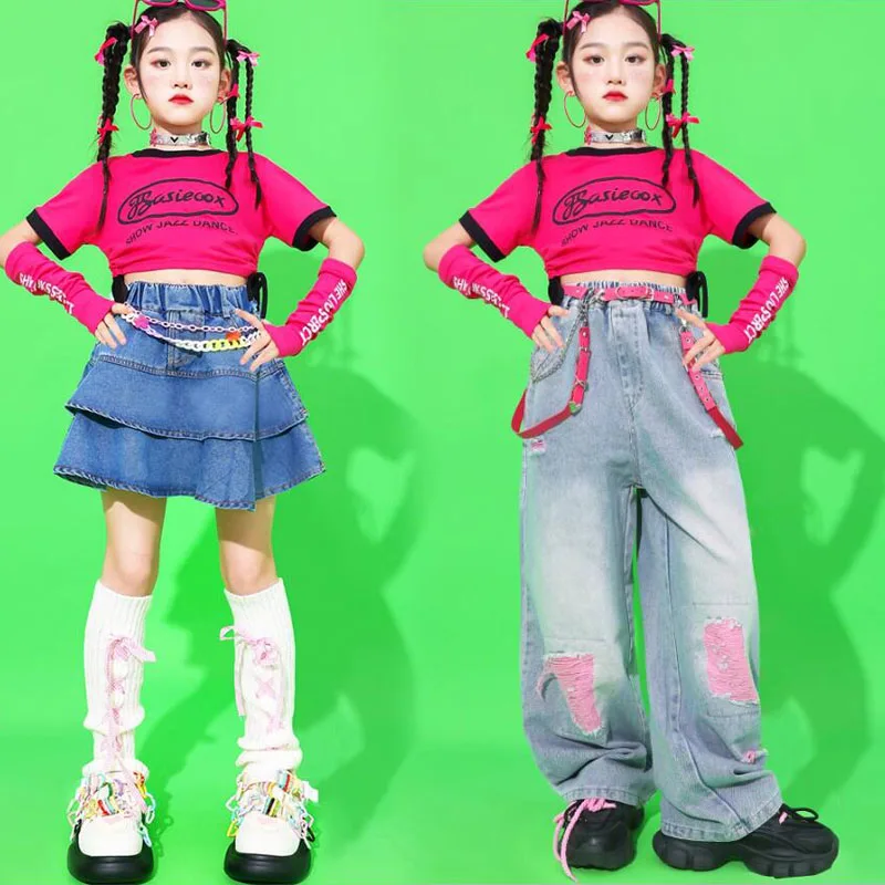 Teen Girls Hip Hop Clothing Denim Pants Children Sweet Tshirt Tiered Skirt Kids Streetwear Jazz Street Dance Costume Clothes