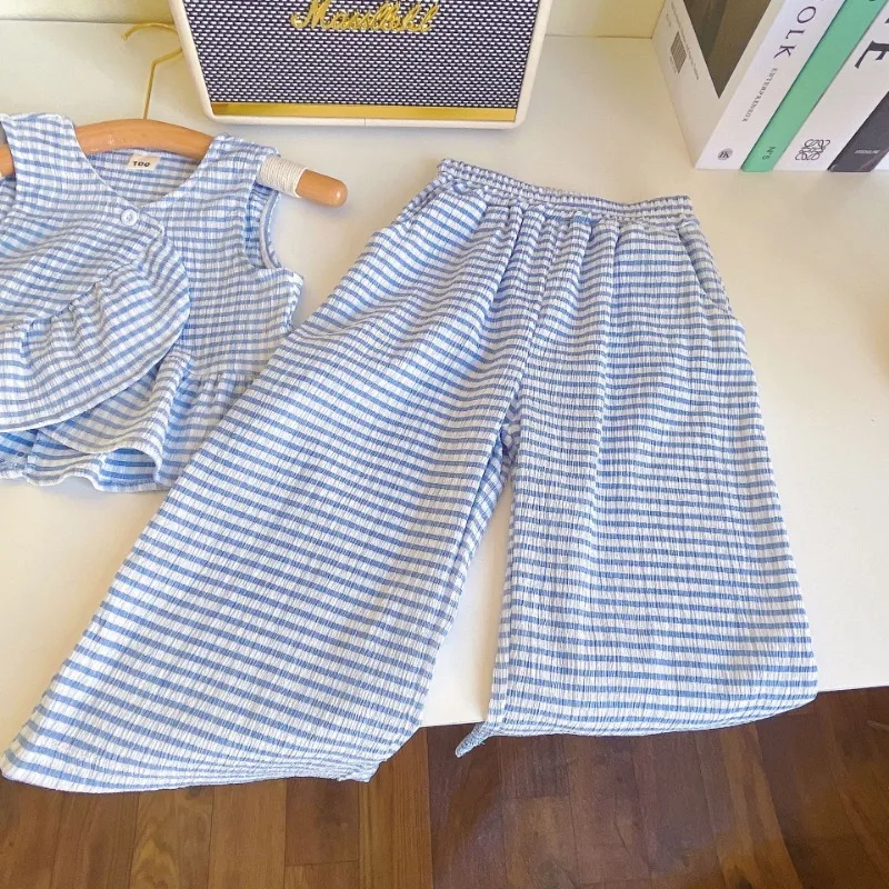 2024 Kids Sunmmer Baby Girl Clothes Sets Cute Blue Plaid Suit Vest + Wide-leg Pants 2 Piece Set Toddler Outfit Set 3-8y