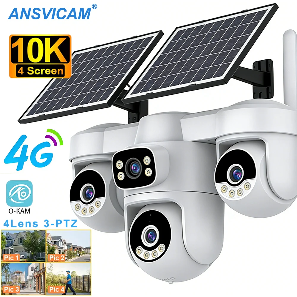 4-Screen 4G Solar Security Camera 20MP PTZ Outdoor Cam with AOV Mode 5X Zoom 12000mAh Battery Wireless CCTV Surveillance O-kam