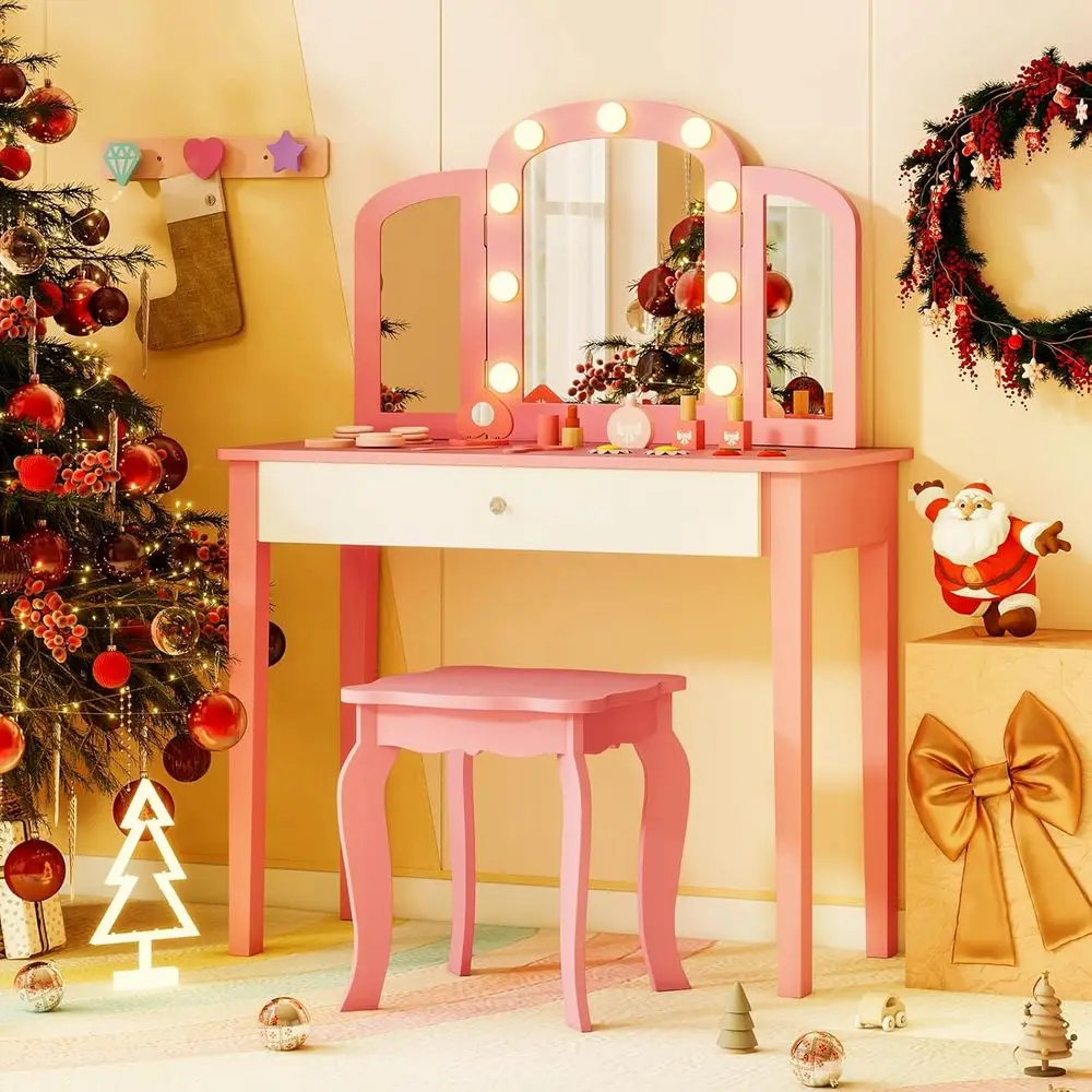 

Children's Vanity Set with Mirror, Stool, Lights, Storage, and Wooden Table & Chair in Pink