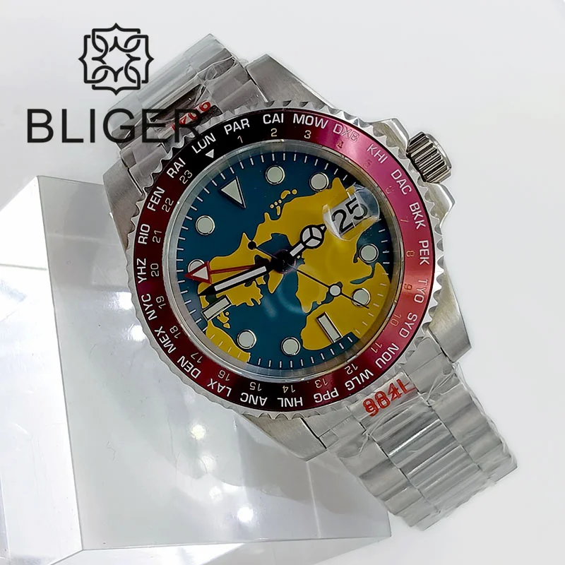 

BLIGER 40mm Full Luminous Blue Dial Red GMT Hands NH34 GMT Automatic Watch For Men Steel Strap Red Bezel Sapphire Crystal