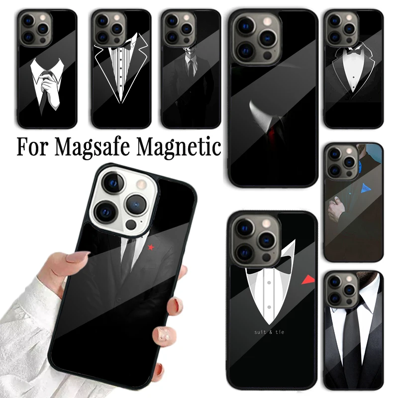 Coque Phone Case For iPhone 16 15 14 13 12 11 Pro Max Plus Magsafe Magnetic Wireless Charging Cover SUIT UP GENTLEMAN TIE BOW