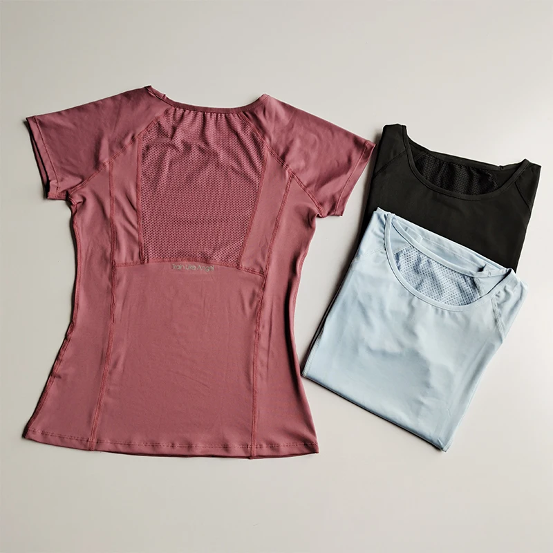 Damen-Sport-T-Shirt mit kurzen Ärmeln, schnelltrocknend, für Jogging, Yoga, Fitness, atmungsaktives Mesh-Gewebe, Rundhals-Pullover-Oberteil – Detail 2