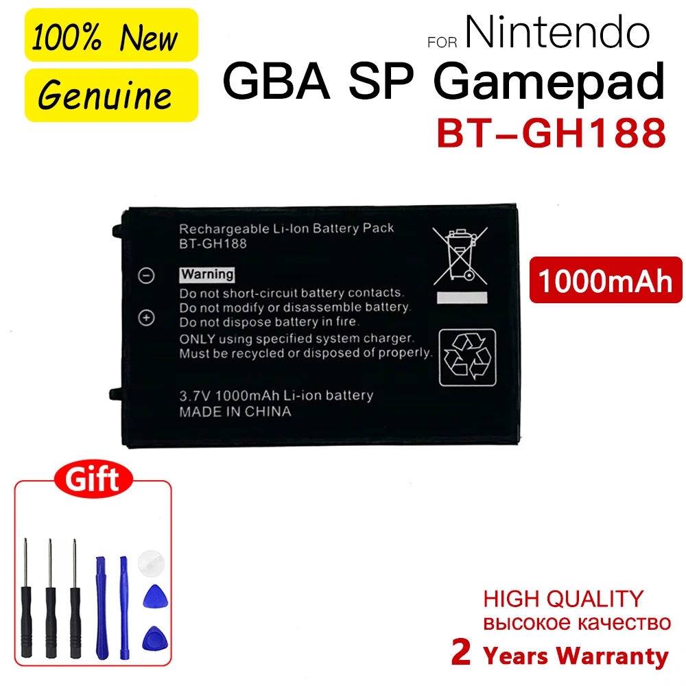 Genuine BT-GH188 Rechargeable Lithium Battery 3.7V 1000mAh For Nintendo GBASP GameBoy Advance GBA SP Batteries + Tools Pack Kit