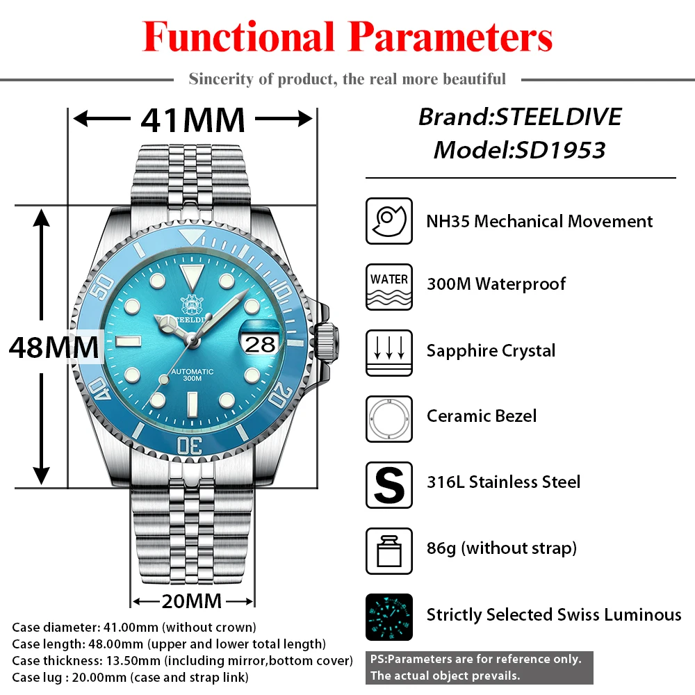 STEELDIVE SD1953 Dive Wristwatch New Color Scheme Classic Water Ghost Swiss Luminous NH35 Movt 300M Waterproof Mechanical Watch