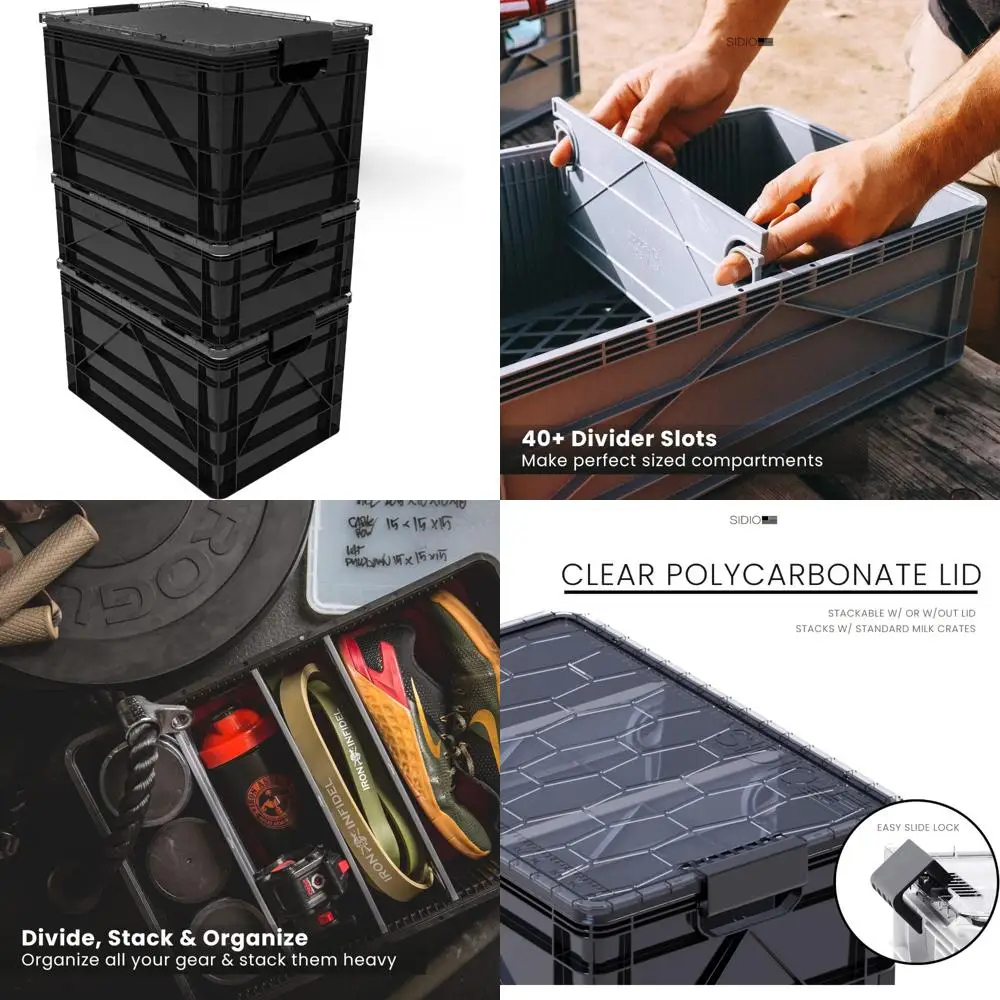 SIDIO Crate Pro Pack: 2 Large and 1 Medium Heavy-Duty Stackable Storage Bins with Lids and Dividers