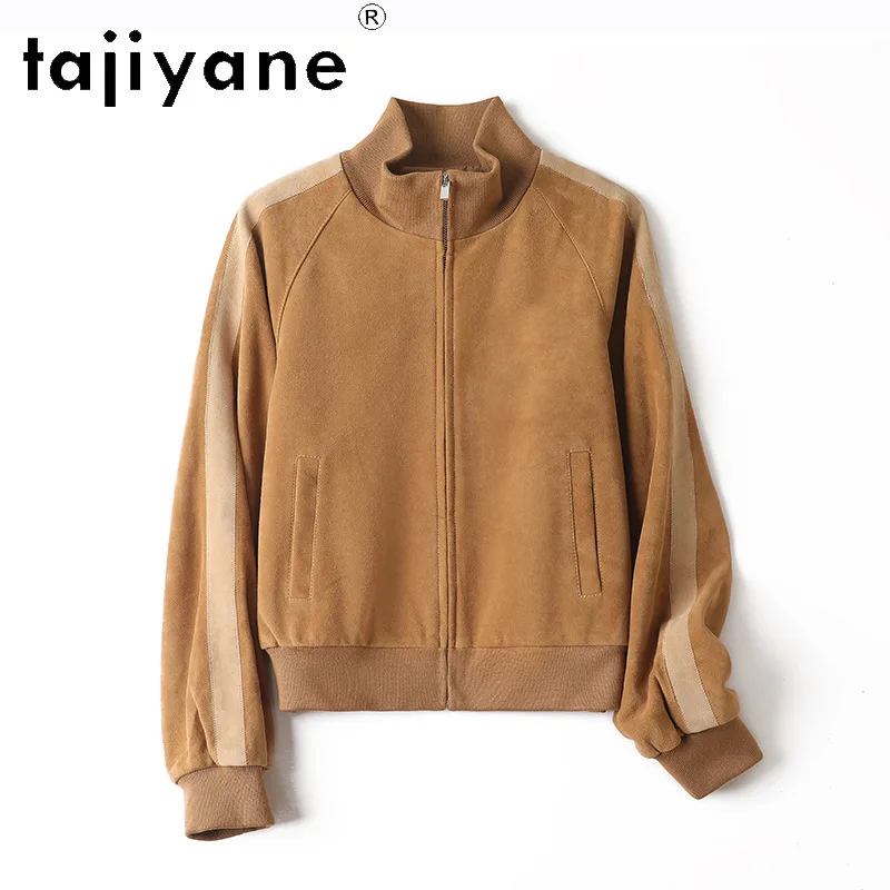 TAJIYANE Genuine Leather Jacket Women Outerwear Vintage Suede Goatskin Leather Coat Baseball Jackets Knit Stand Collar Jaqueta