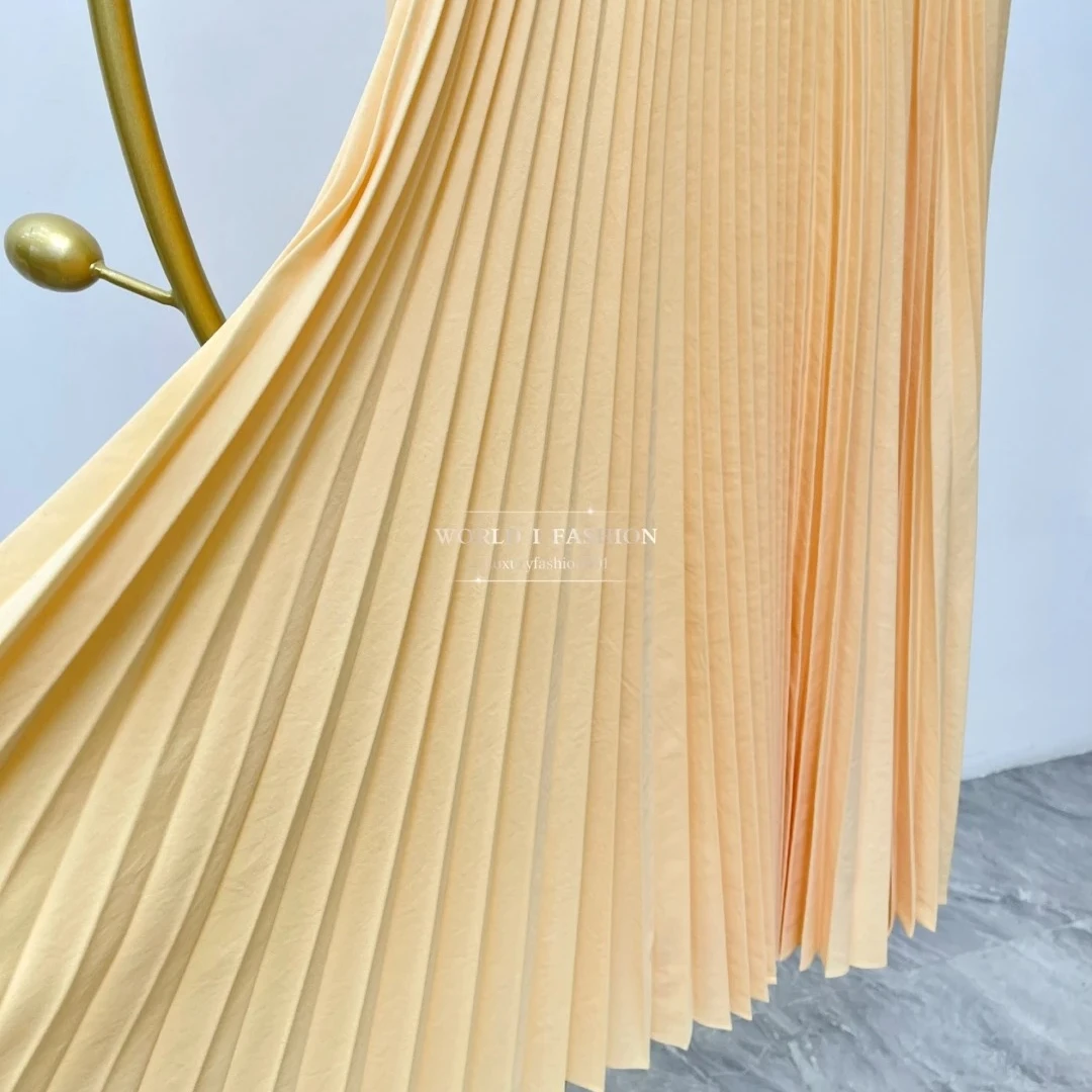 

2025 New Beige Pleat Midi Skirt Women